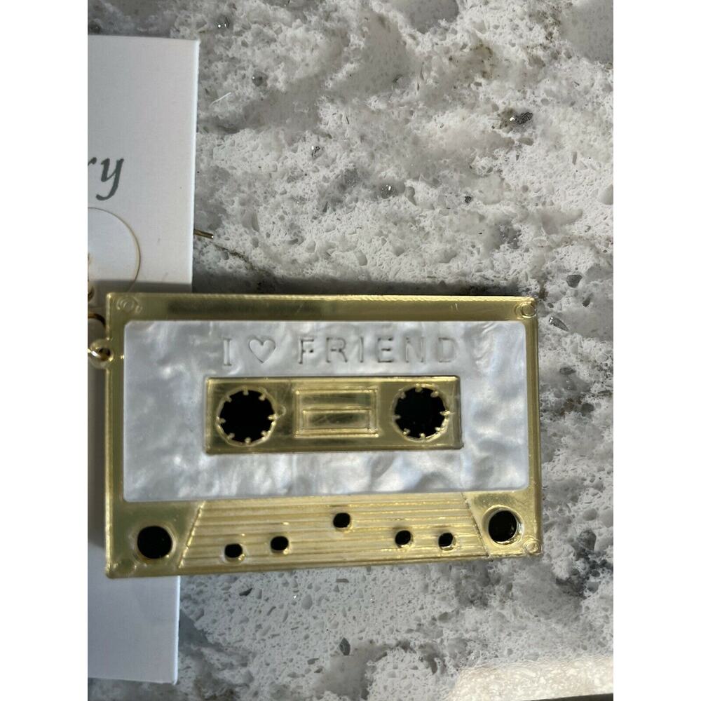 Cassette Tape Fashion Earrings 80s Gold White Hook Dangle Pierced NEW - Picture 3 of 4